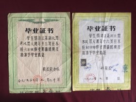 1959年湖北来凤县来凤小学毕业证书➕1962年来凤县第二中学毕业证书，带学生照片，执有者为同一人，尺寸品相如图，260包邮。