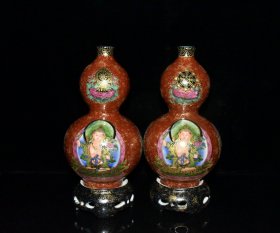 清代乾隆珐琅彩描金观音转心葫芦瓶一对 古玩古董古瓷器老货收藏