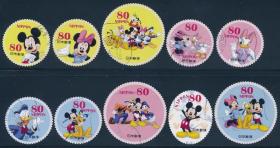 日本邮票信销，2012年，G58，迪士尼卡通人物， 米奇妙妙屋，米老鼠和唐老鸭，10全