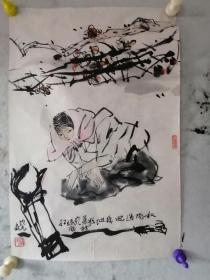 保真【方增先】（著名画家，20世纪后半叶现实主义中国人物画创作的代表人物之一，中国画坛具有影响力的“新浙派人物画”的奠基人与推动者，曾任上海美术馆馆长、中国美术学院荣誉教授、上海市美协主席、中国国家画院中国画院院长。浙江浦江人)   国画 《仕女》（来自于作者家属，见图）