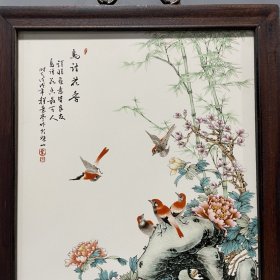 鸟语花香红木瓷板画