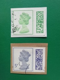 英国邮票 梅钦普票系列 英女王伊丽莎白二世 信销票剪片2不同 有安全条+条码