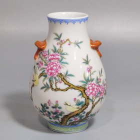 清雍正 珐琅彩花鸟桃花灵芝耳小尊