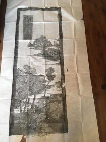 明万历时期的刻（碑？） 山水图。拓片部分：54.5*141cm。《和睦乡里图》碑拓 明代 河南武陟县文庙，摘 要：河南武陟县文庙现存《尊敬长上图》《和睦乡里图》两块碑，系明万历年间武陟知县秦之英推行乡约时所留下的《六谕解》六块碑中的两块。《六谕解》碑的碑阳刻有秦之英对明太祖“六谕”的逐条注解，碑阴刻有地方画家周万书绘制的阐释。。出版物《中国画像石全集·石刻线画》，河南美术出版社2000年版