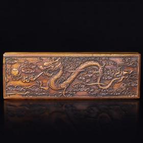 花梨木雕刻腾龙戏珠文房四宝盒，长30厘米宽10厘米厚4厘米，重854克，