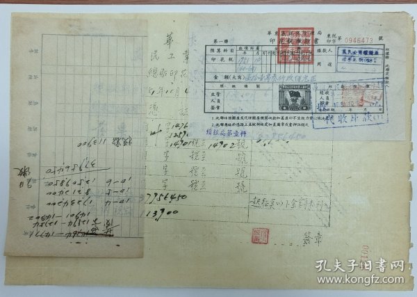 1951年上海市税务局印花税票【缴款书】及单据3张【税印总字第0946473号】【很稀少】