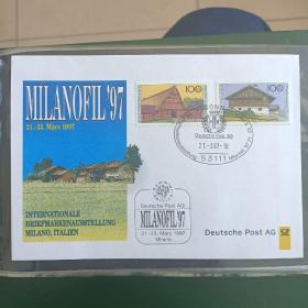 F1705外国信封邮展封 德国邮票1975年 民居建筑 97年意大利邮展封 米兰
