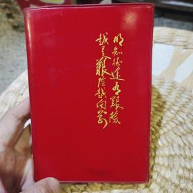 【老笔记本收藏】六，七十年代 智取威虎山日记本 红色塑面封面 封面字为 明知征途有艰险越是艰险越向前，内页有智取威虎山剧照彩图五张【内页为原主人该时期政治学习笔记，写过五分之四左右】图片为实拍，品相以图拍为准