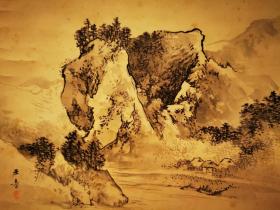日本回流名家手绘山水画（高级轴头）（川端玉章）。