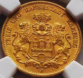 原味少见1899年德国汉堡双狮20马克金币NGC评级AU55收藏