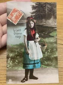 法国1900年，小萝莉主题明信片，贴法国女神邮票