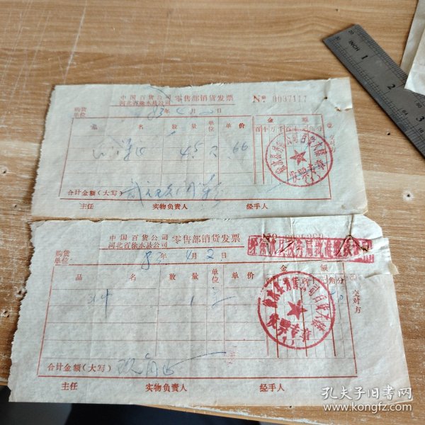 1983年中国百货公司河北省徐水县公司零售部销货发票 二枚合售