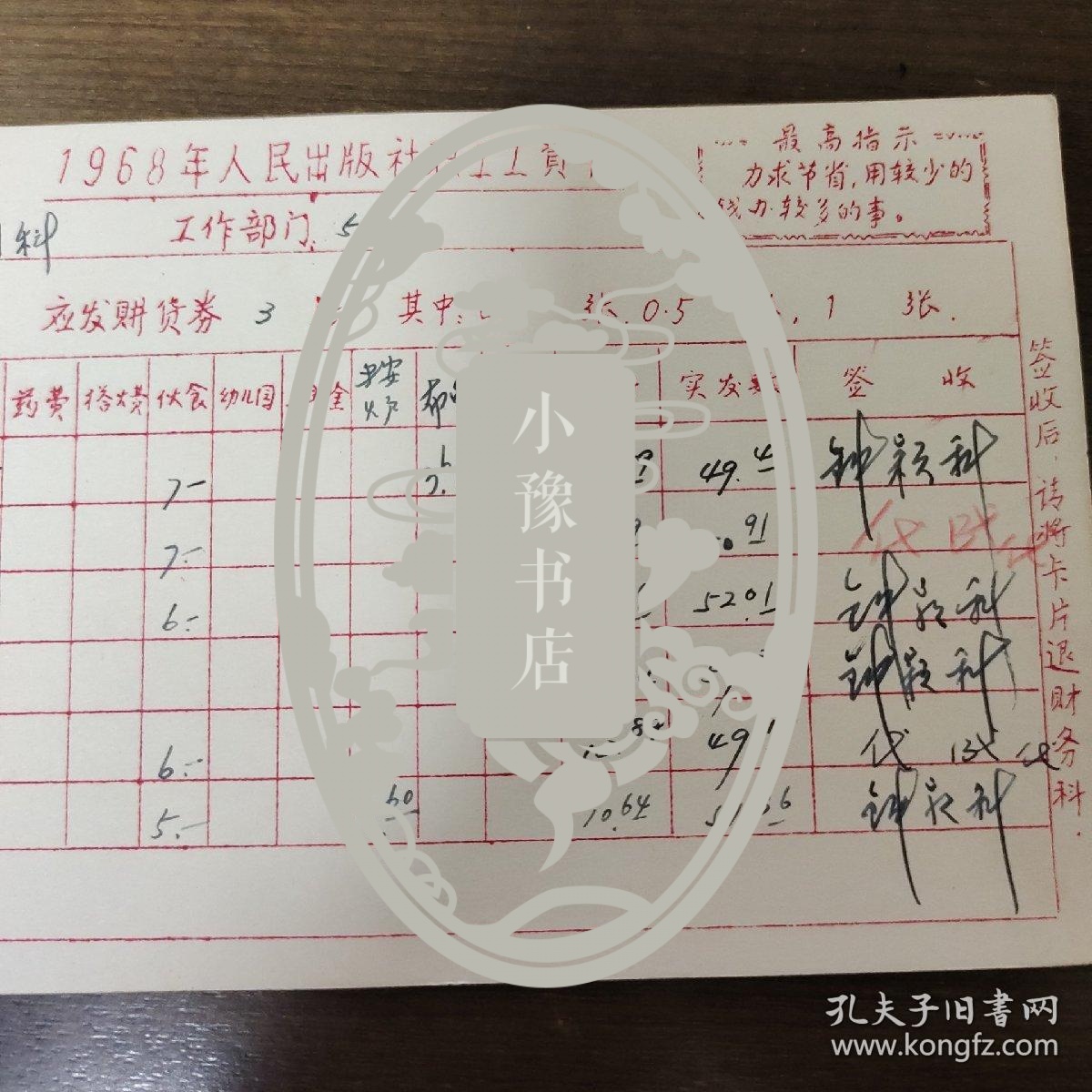 1968年人民出版社职工工资卡：著名编辑钟颖科  7月到12月份工资  其中钟颖科签字六处