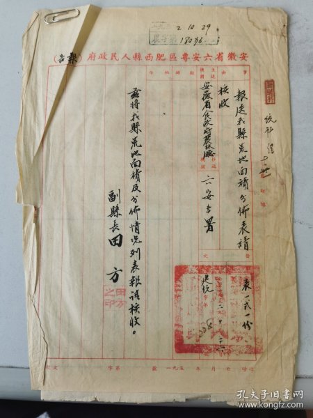 1950年代初期，肥西县副县长田方毛笔字手札报送的肥西各区荒地情况