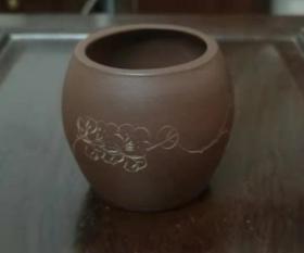 早期圆筒紫砂花盆刻梅花清香