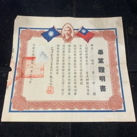 民国29年，上海市私立清心女中毕业证书，校长张蓉珍签名盖章，中山像，双旗