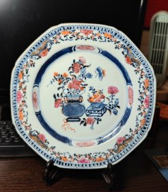 欧洲回流 清早期青花矾红描金博古八方盘