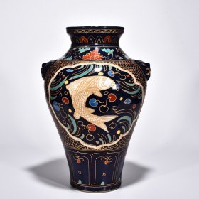 明永乐霁蓝釉珐华彩沥粉描金鱼藻纹盘口瓶 高42.5厘米 宽28厘米 1500