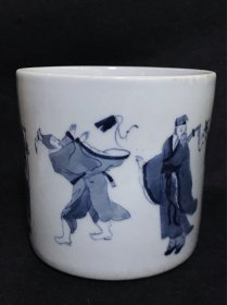 民国青花 八仙人物笔筒 瓷器，青花瓷，笔筒，笔斗，笔海 高12.7cm，口13.5cm 品相完整