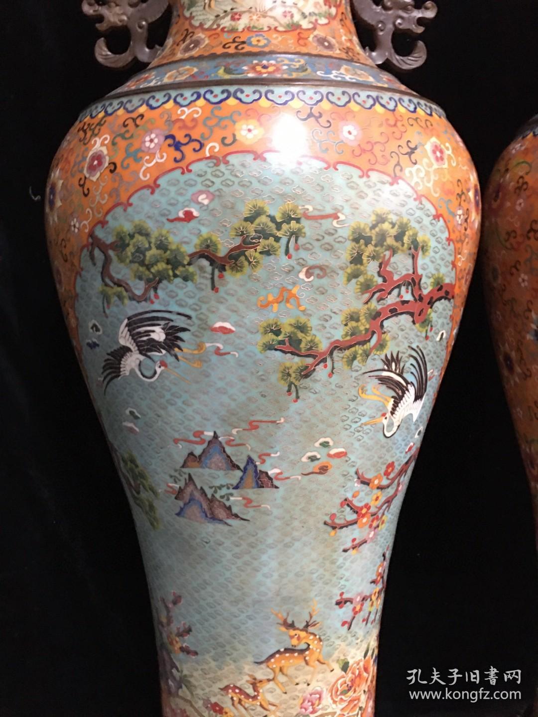 旧藏 铜胎景泰蓝铜胎掐丝珐琅花瓶，高1米23，单个直径45厘米，口径32厘米，一对重150斤，