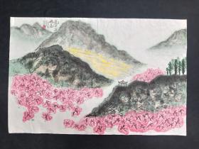 纯手绘 原创原稿 龙泉驿桃花山水图软片 画心尺寸：67*44厘米(货号:Y148-34)