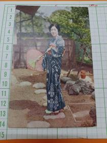 00716 日本  美女  手拿伞  民国时期老明信片