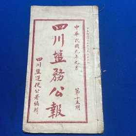 民国九年四川盐运使公署编辑《四川盐务公报》第十五期，内容有井仁场图、盐务学校章程、公牍、民国九年五月分岸售盐价值表等