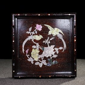 小叶紫檀镶嵌贝壳花鸟正方茶盘，牛毛纹明显。 长28厘米宽28厘米高6厘米