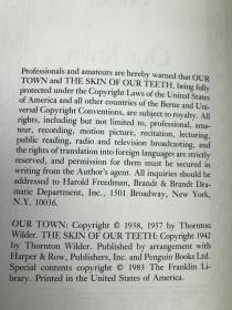 近全新！【现货、全国包顺丰】Thornton Wilder: Our Town and The Skin of Our Teeth，《桑顿-怀尔德：两部戏剧》，怀尔德（著），Alan E. Cober（插图），富兰克林图书馆1983年出版（请见实物拍摄照片第5张版权页），精装，261页，豪华全真皮封面，纸张3面刷金，珍贵外国文学资料！