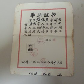 毕业证书1958年 框1