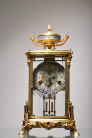 十九世纪 法国铜鎏金珐琅四明钟 高40厘米 宽21厘米