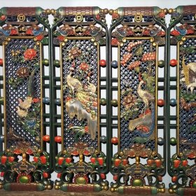 旧藏老香樟木漆器四条屏 纯手工雕刻镂空工艺漆器彩绘四条屏单个长80厘米宽20厘米重5300