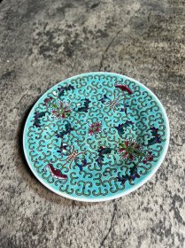 70年代左右，草帽款，12厘米绿地缠枝莲花小碟子一只y7