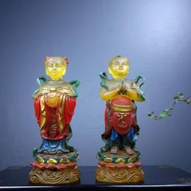 旧藏古法琉璃鎏金佛像童男童女
尺寸：长8cm宽6cm高19cm
重量：1830g