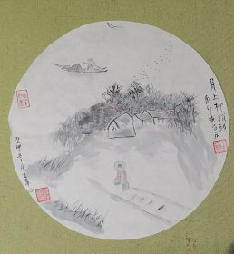 月上柳梢头，写意山水一幅，江苏画家蒋重华。保真。