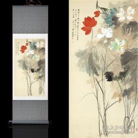 国画花鸟画张大千五色荷花茶楼字画装饰画风水卷轴丝绸水墨山水画