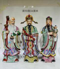 美品·款识“曾龙昇制”精工细作满工粉彩雕塑造像“福禄寿”纹站像一套。