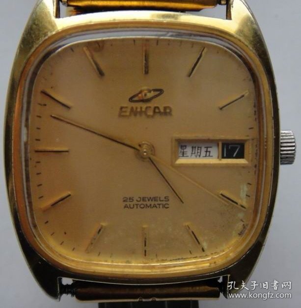 镀金方形英纳格（ENICAR）双日历机械自动表
