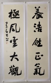 保真书画，海南书协副主席，江寿男六尺对开书法对联180*48.5cm*2，纸本托片。江寿男，1963年生，中国金融书法家协会副主席，海南省政协书画艺术研究院副院长，第四、五届海南省书协副主席，2019年草书入展全国第十二届书法篆刻展；2013年行书荣获全国第十届书法篆刻展优秀奖(最高奖)；同时草书入展本届国展；2009年至2015年间，书法作品先后获第二、三、五届中国书法“兰亭奖"佳作奖。