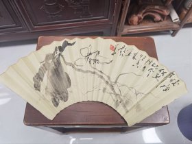 颜梅华一诗一画《荷花》扇面！保真！