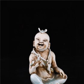 宋湖田窑天青釉塑像坐莲童子古董古玩古瓷器文玩艺术收藏品