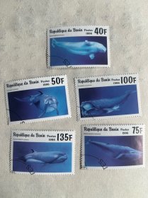 外国邮票 贝宁1996年 海洋动物 鲸鱼海豚 5枚盖销