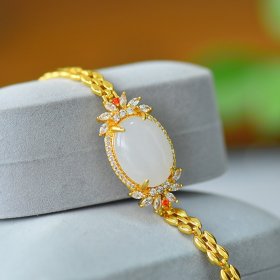 送老婆生日纪念日礼物（送鉴定证书礼品盒）【名称】铜镶嵌金丝玉蛋面时尚手链 【编号】24034-2# 【规格】15×20
