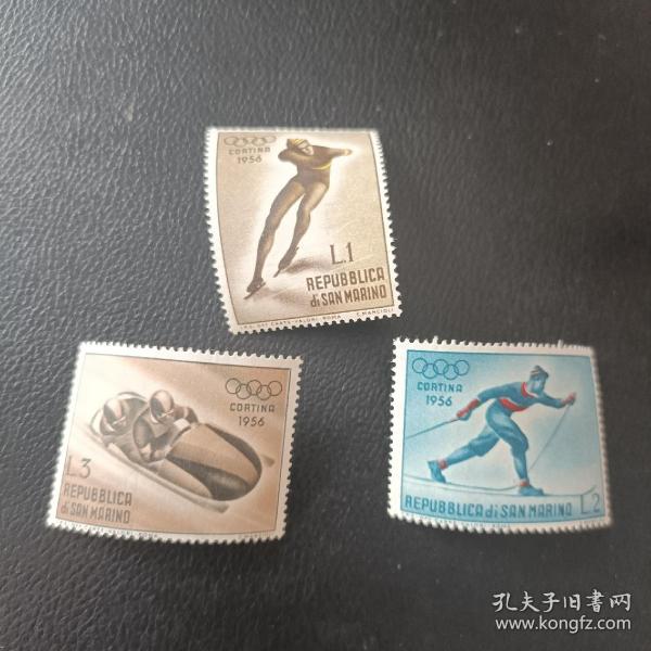 mjl11m外国邮票圣马力诺50年代冬奥邮票 3枚 新 背胶泛黄，如图
