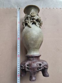 老青田石雕 花瓶摆件 花鸟图案 立体感强，近全品相 尺寸连底坐 高40cm重6380克 包老