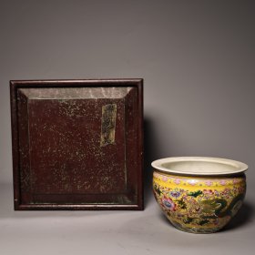 珍品旧藏收纯手绘珐琅彩粉彩龙凤画缸 画工精湛 器型精美 配老木头盒