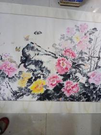 大幅手绘画（花开富贵）朱云何画，画心166 x 83