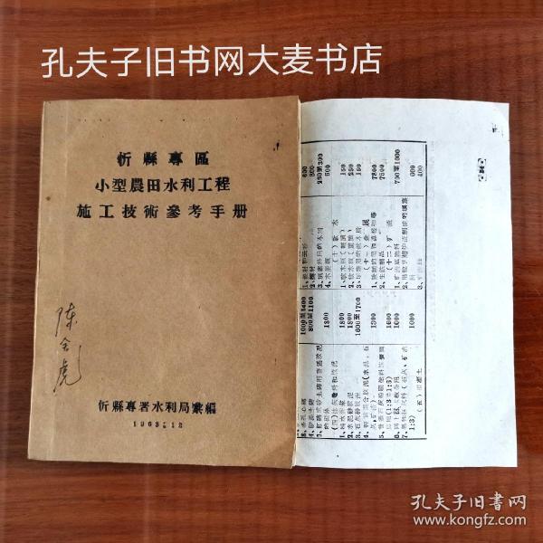 山西省《忻县专区小型农田水利工程施工技术参考手册》目前因缺乏全国性的农田水利施工技术规范，为了保证农田水利工程质量，充分贯彻中央的水利建设方针，在全国性规范尚未发表之前，根据以往的一些施工条例，结合我专区几年来的施工经验，编写了这本手册。……绪言.忻县专署水利局.1963.12