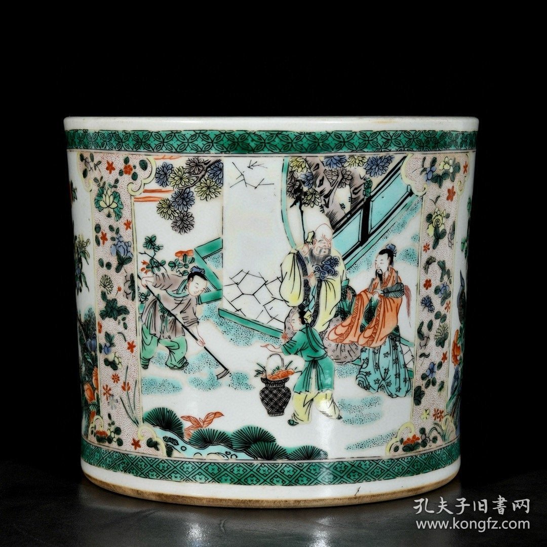 点击查看原图 清康熙五彩开窗人物花鸟故事纹笔筒;19.3x22厘米
