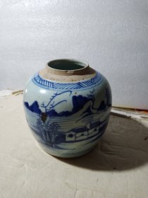 清代青花山水罐(直径17cm高17cm)